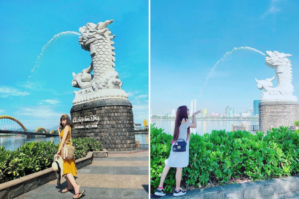 Travelers take a visit to the Statue of Carp Turning into a Dragon and admire its impressive design